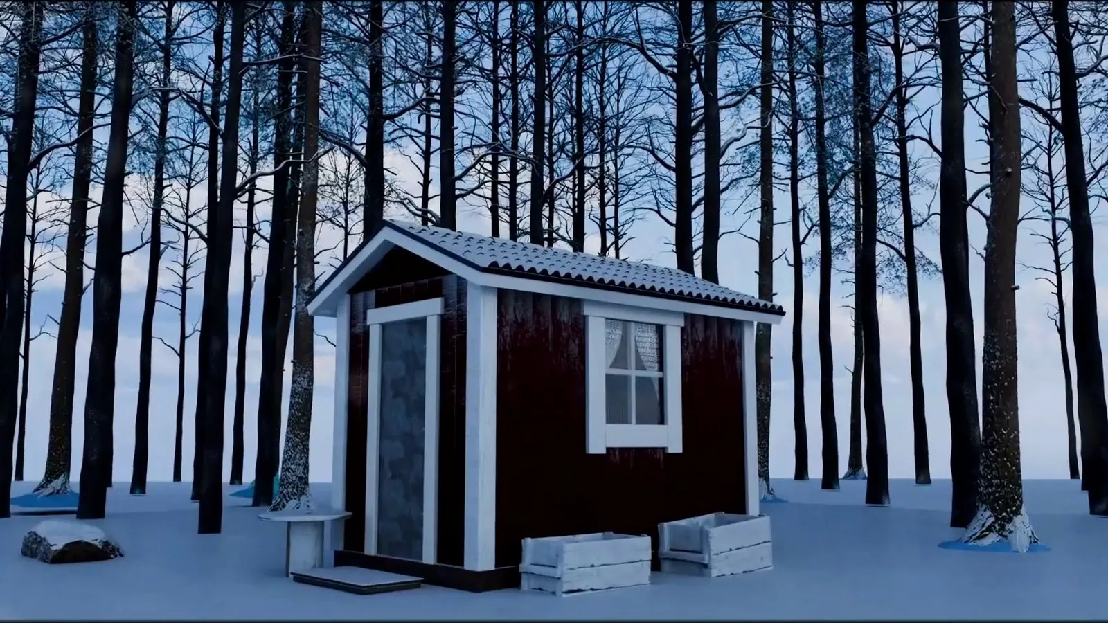 En röd stuga i en snötäckt svensk skog